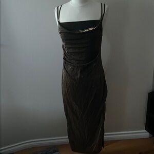 Black Gold Ruched Sheath Midi Dress Spaghetti Strap